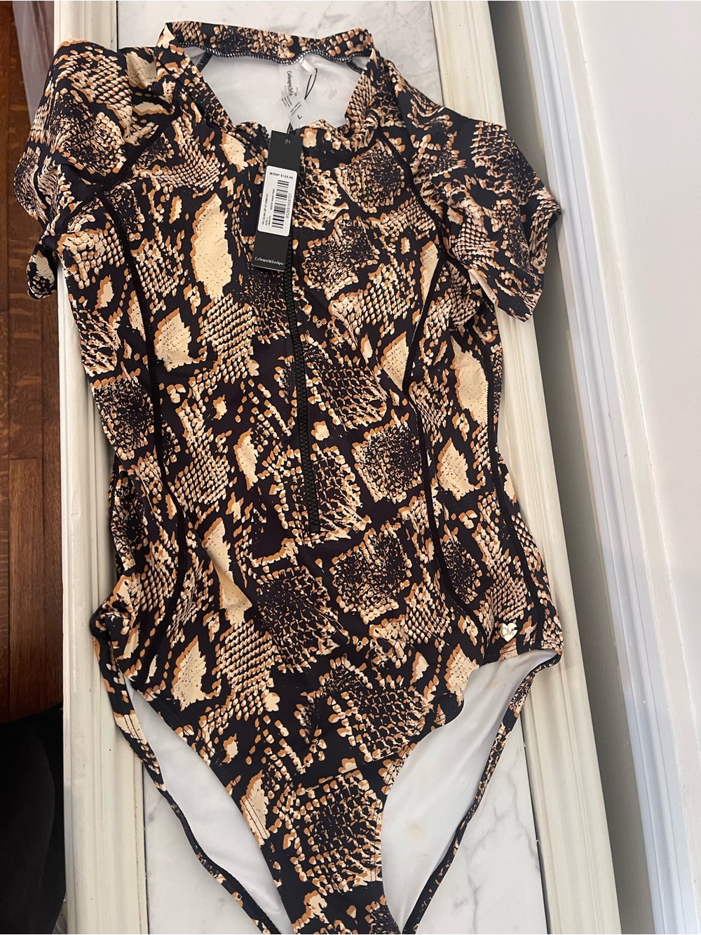 Catherine Malandrino Snake-Print Short Sleeve Bodysuit in Black & Tan